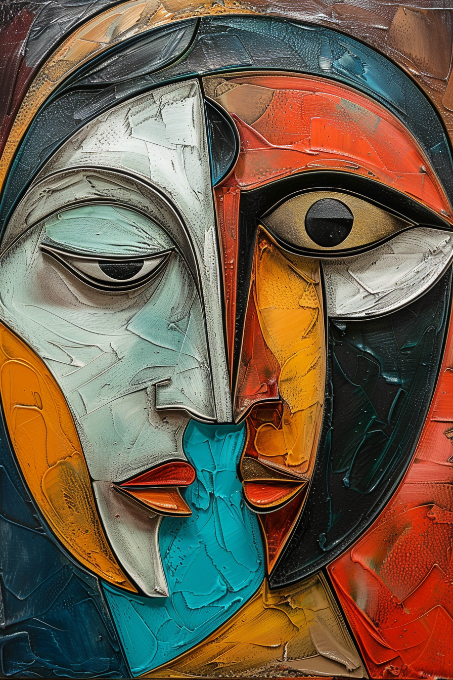 Abstraktes, kubistisches Porträt zweier Gesichter, die ineinander übergehen – kräftige Farbflächen in Blau, Rot, Gelb und Schwarz mit plastischer Struktur.
