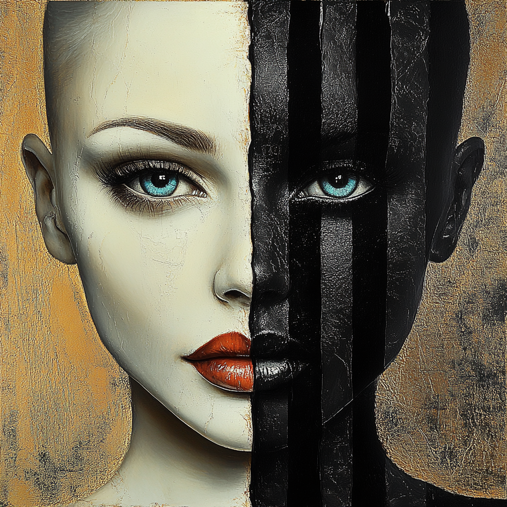 halb schwarzes halb helles gesicht mit blauen augen und goldenem hintergrund
