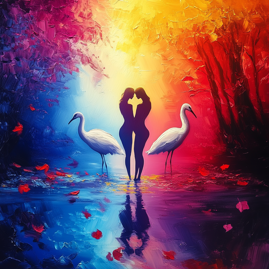 Zwei sich umarmende Frauenfiguren stehen in einem farbenprächtigen, spiegelnden Wasser, flankiert von zwei weißen Reihern. Das Licht verschmilzt in intensiven Tönen von Blau, Rot und Gold.
