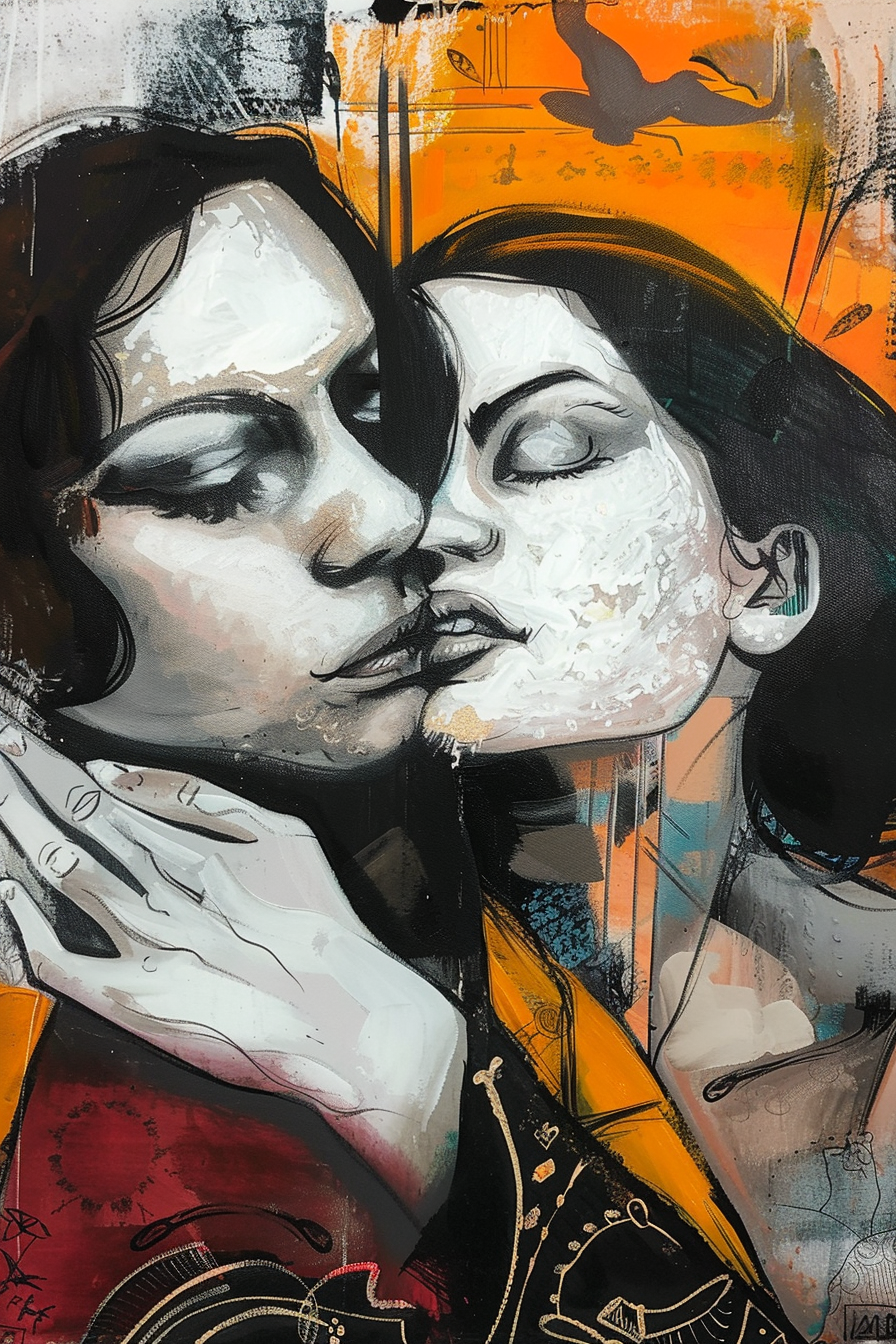 Ausdrucksstarkes Porträt zweier sich berührender Gesichter in Schwarz, Weiß und Orange – emotionale Komposition zwischen Nähe, Leidenschaft und Zerbrechlichkeit.
