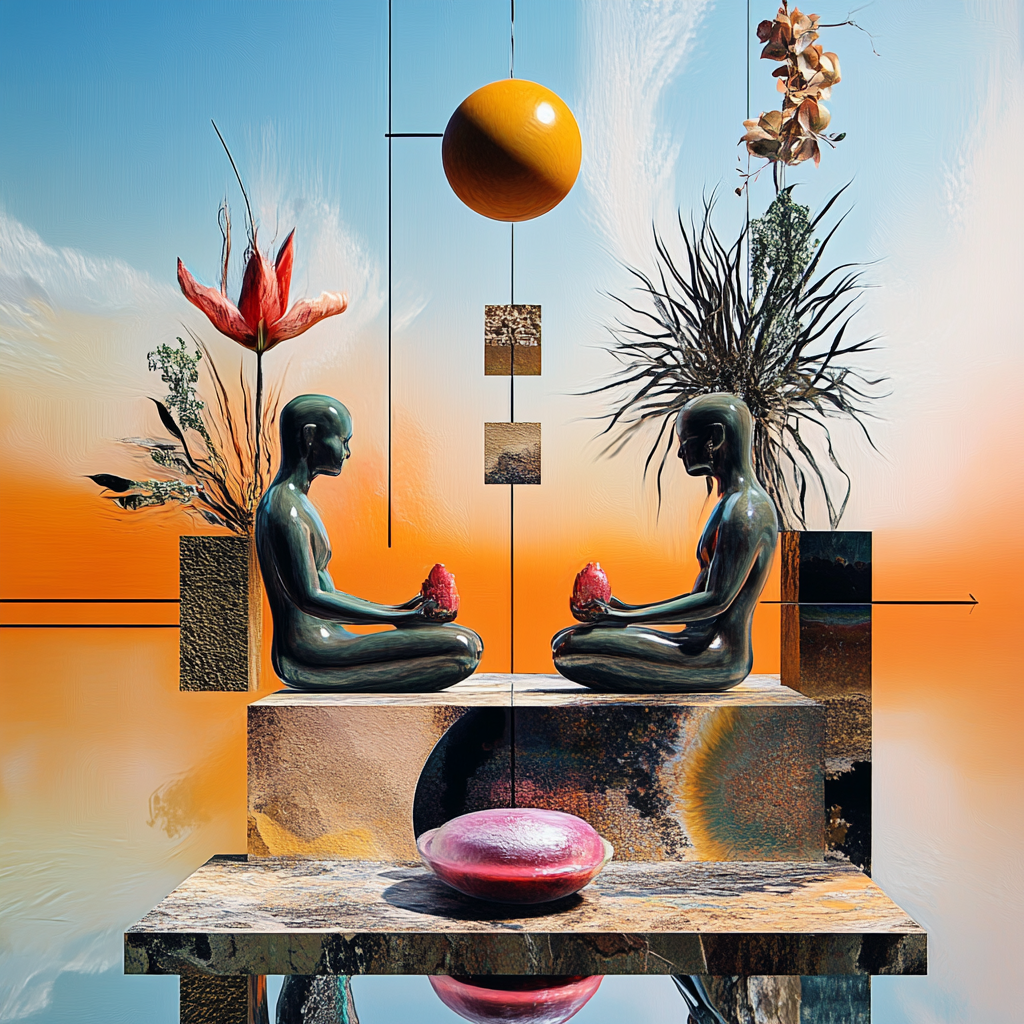 zwei sitzende figuren halten leuchtende objekte in ruhiger landschaft mit sonne und pflanzen
