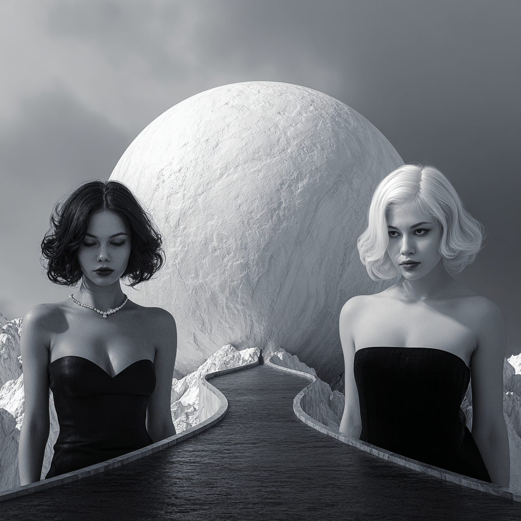Surreale Schwarz-Weiß-Komposition mit zwei Frauen in schwarzen Kleidern vor einer riesigen Kugel – Symbol für Dualität, Spiegelung und Balance.
