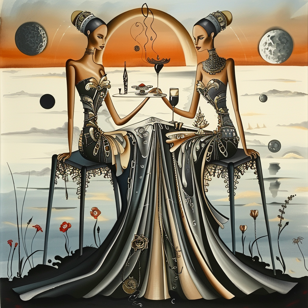 Surrealistisches Gemälde zweier stilisierter Frauen in eleganten Kleidern, die an einem Tisch bei Sonnenuntergang sitzen und einander anstoßen – umgeben von Monden und floralen Symbolen.
