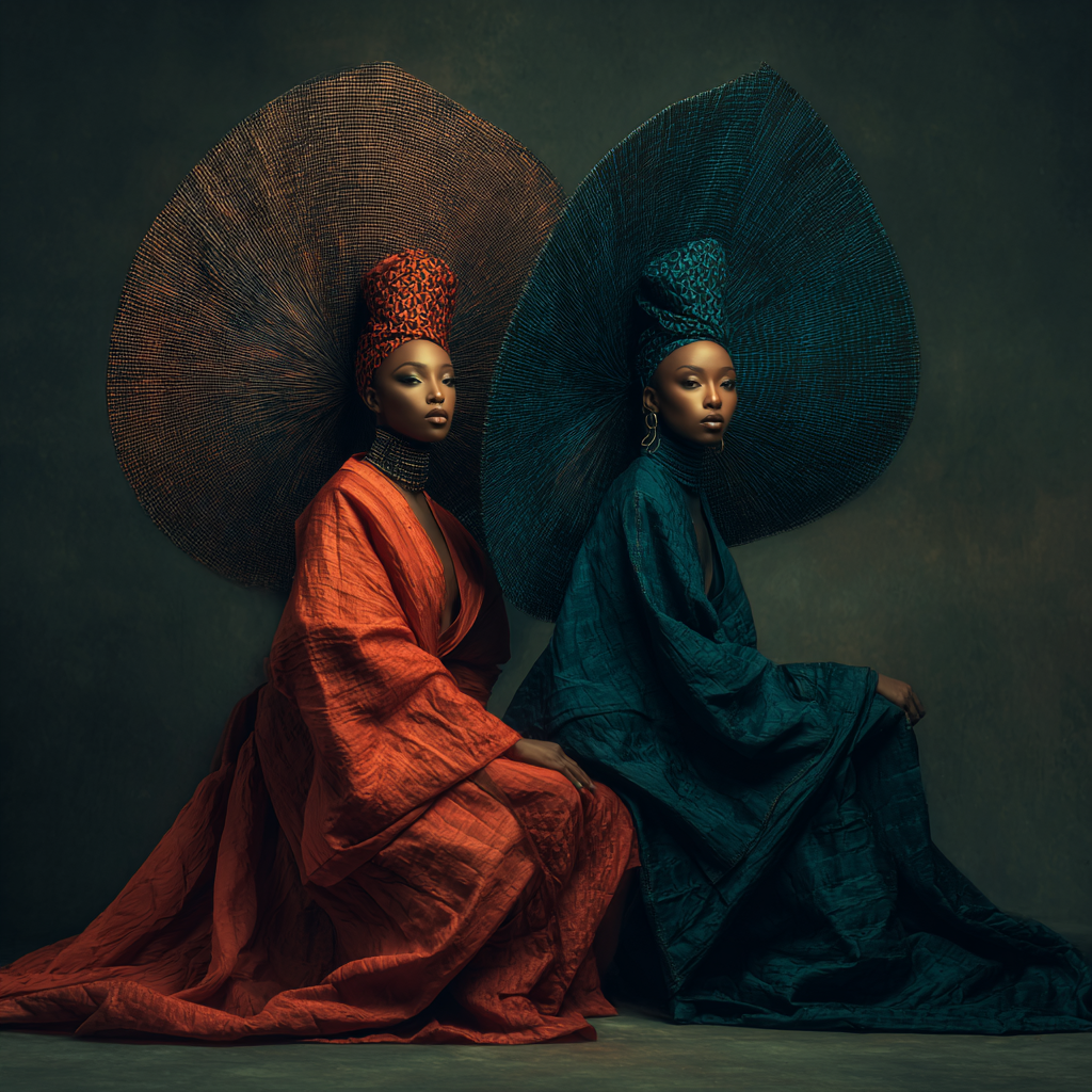 Zwei Frauen in farbenprächtigen Gewändern und großen, fächerartigen Kopfbedeckungen sitzen in königlicher Pose vor dunklem Hintergrund.
