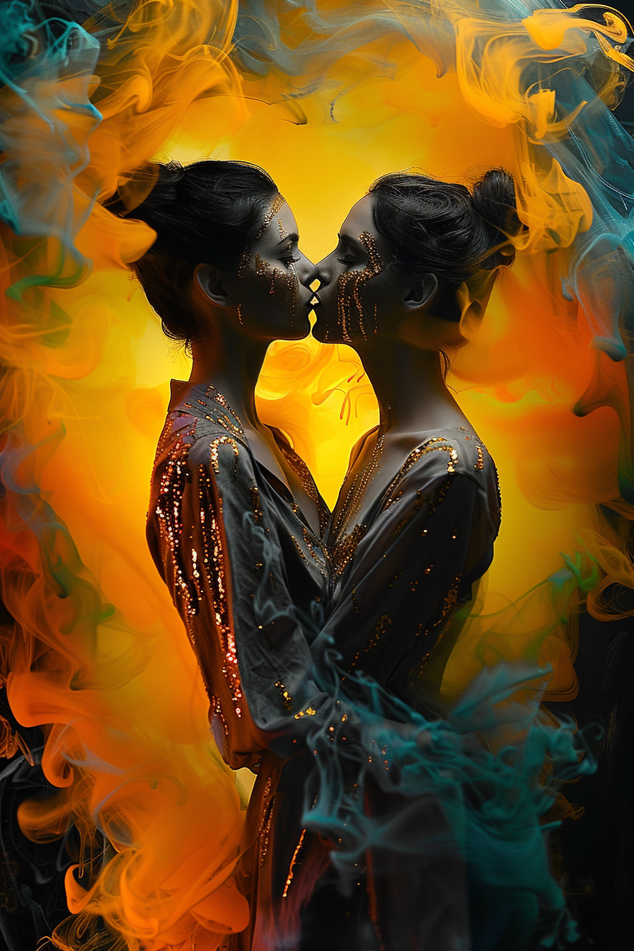 Surreale, symmetrische Darstellung zweier einander zugewandter Frauenfiguren in goldenen Akzenten und farbigem Rauch – Symbol für Dualität, Identität und Verschmelzung.
