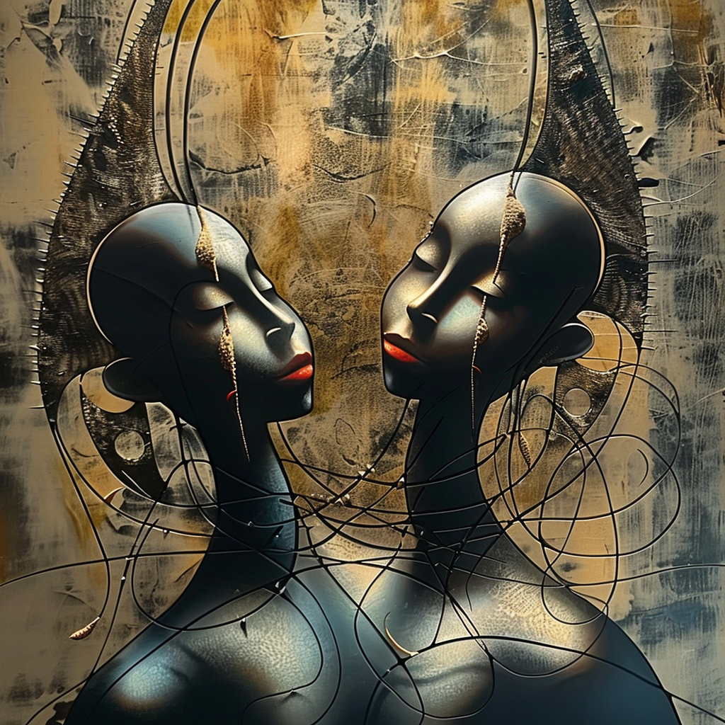 Zwei elegante, abstrakte Figuren mit geschlossenen Augen – surreale Komposition in Schwarz und Gold über Nähe, Harmonie und Spiegelung.
