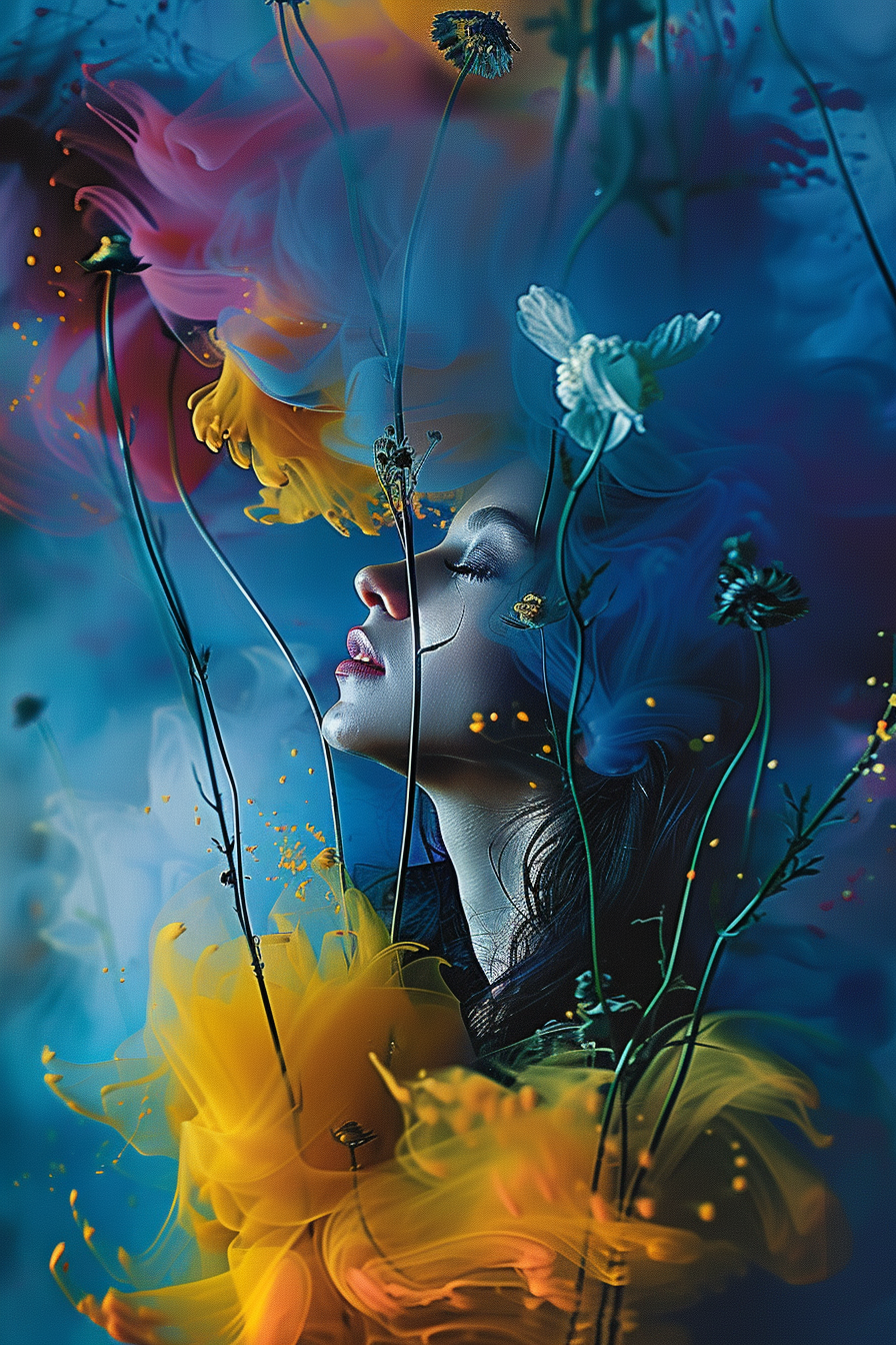 Porträt einer Frau mit geschlossenen Augen, umgeben von schwebenden Blüten und Farbschlieren in Blau-, Gelb- und Rottönen – träumerische, poetische Atmosphäre.
