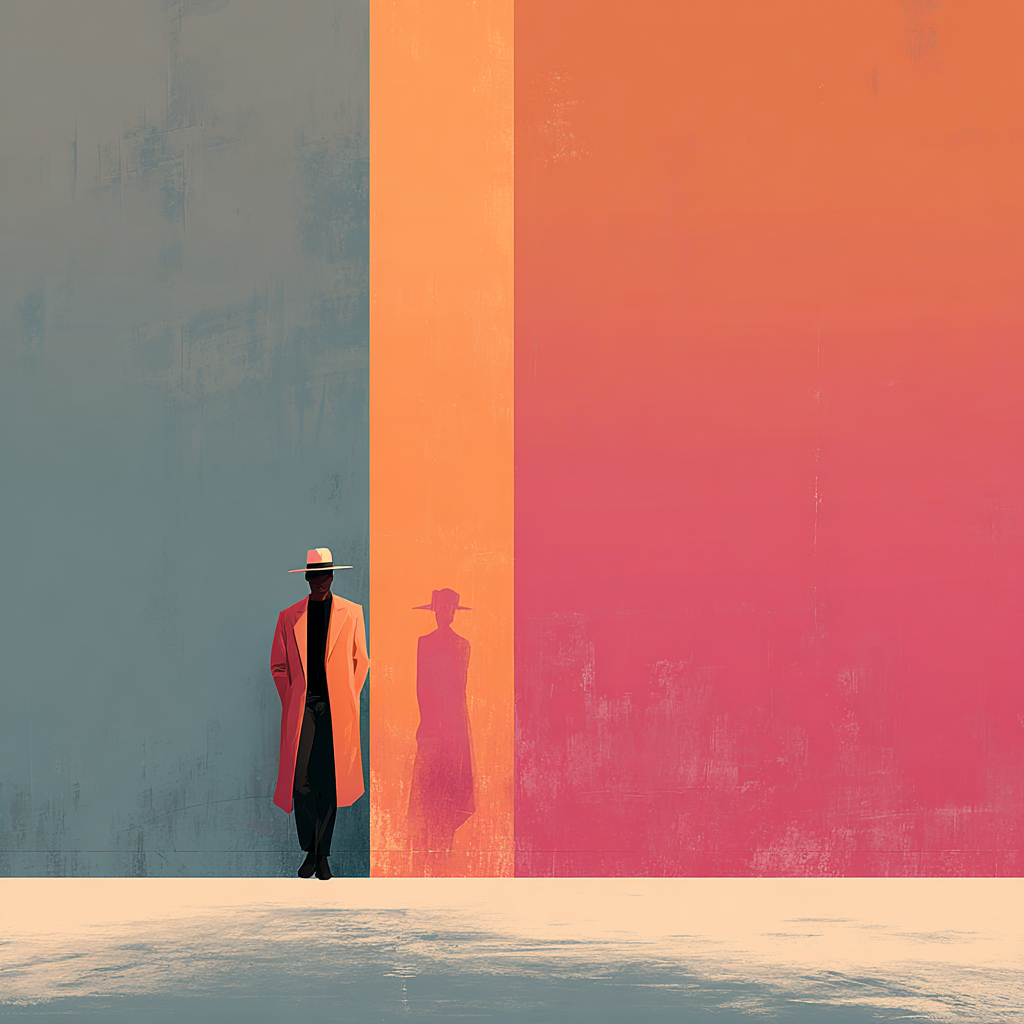 Person in Mantel und Hut vor großen Farbfeldern in Grau, Orange und Pink.
Minimalistische, urbane Szene mit starkem Schatten.
