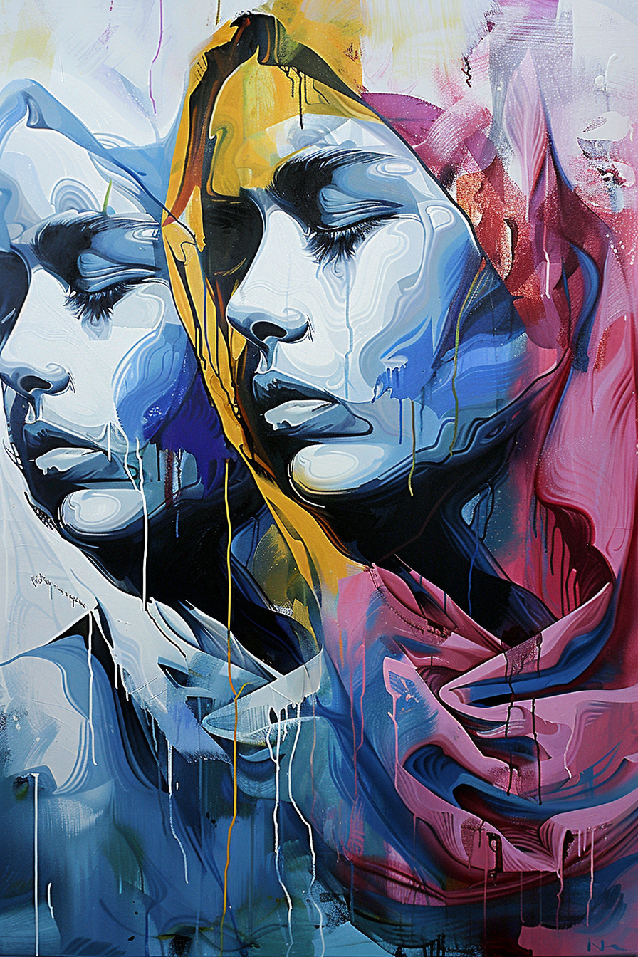 expressionistisches gemälde zweier gesichter mit farbverlauf und tropfender farbe
