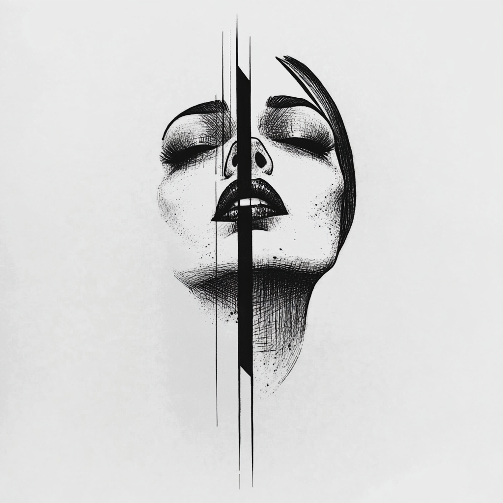 minimalistische zeichnung eines gesichts mit vertikaler linie
