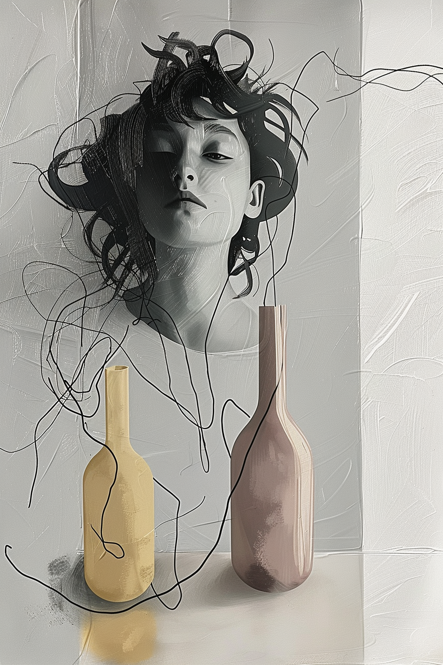 surrealistisches porträt mit zwei flaschen und schwarzen fäden
