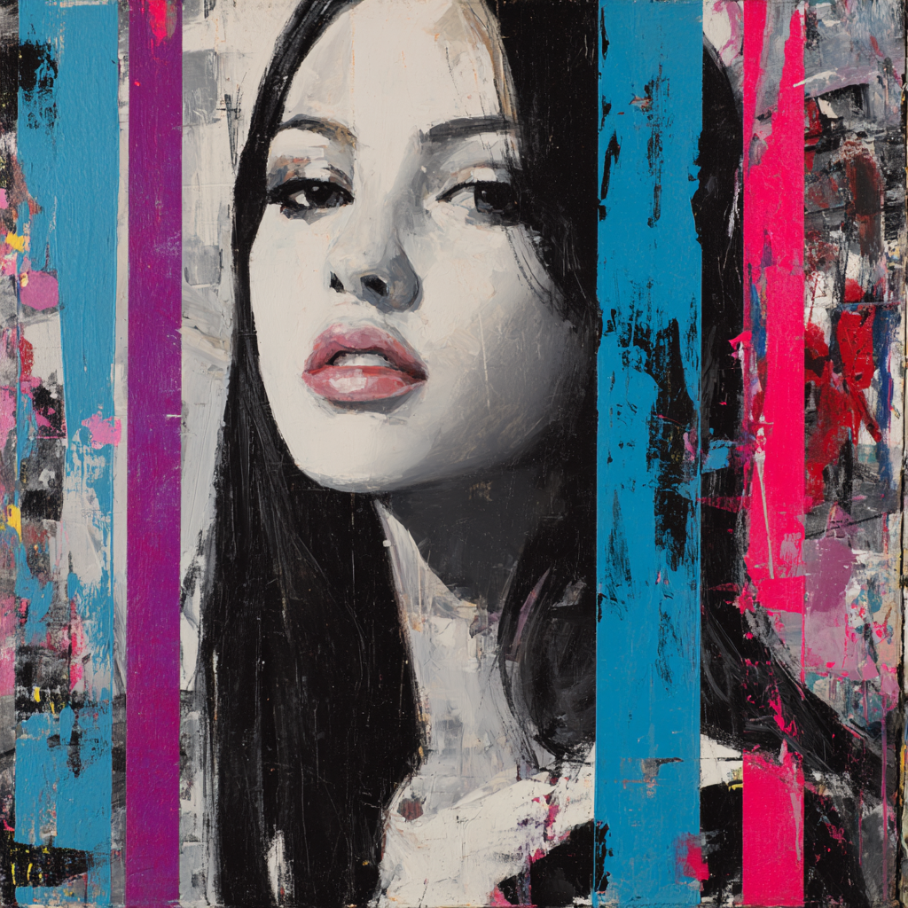 abstraktes frauenporträt in kräftigen farben mit blauen und pinken streifen
