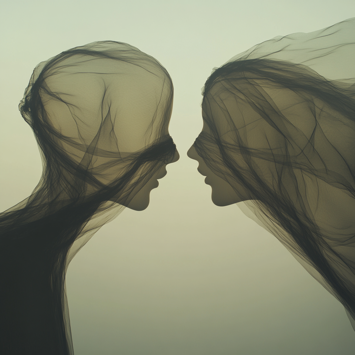 Zwei verhüllte Silhouetten nähern sich einander, ihre Gesichter fast berührend, getrennt nur durch durchscheinende Schleier – ein Sinnbild für Nähe, Identität und das Unsichtbare zwischen uns.
