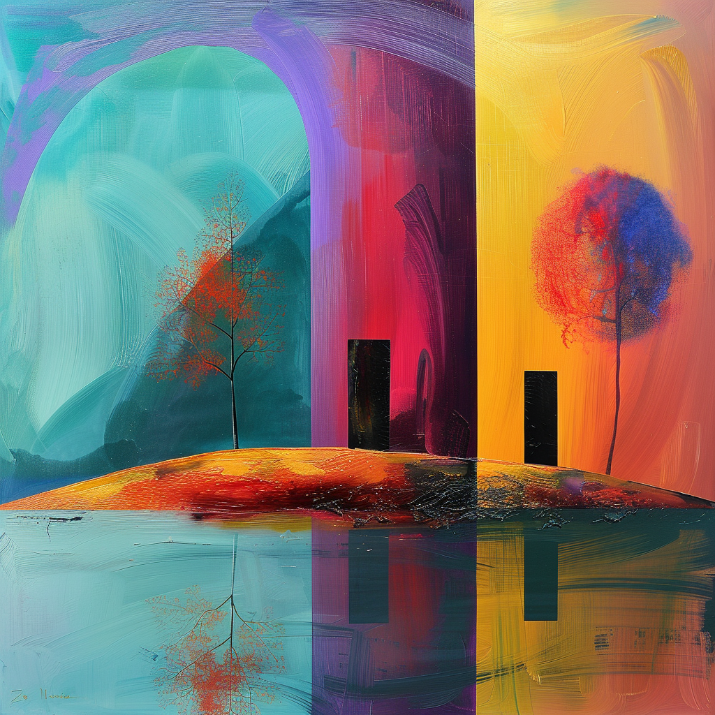 abstrakte landschaft mit zwei bäumen, farbflächen in türkis, rot und gold, zwei schwarze tore als symbole des übergangs
