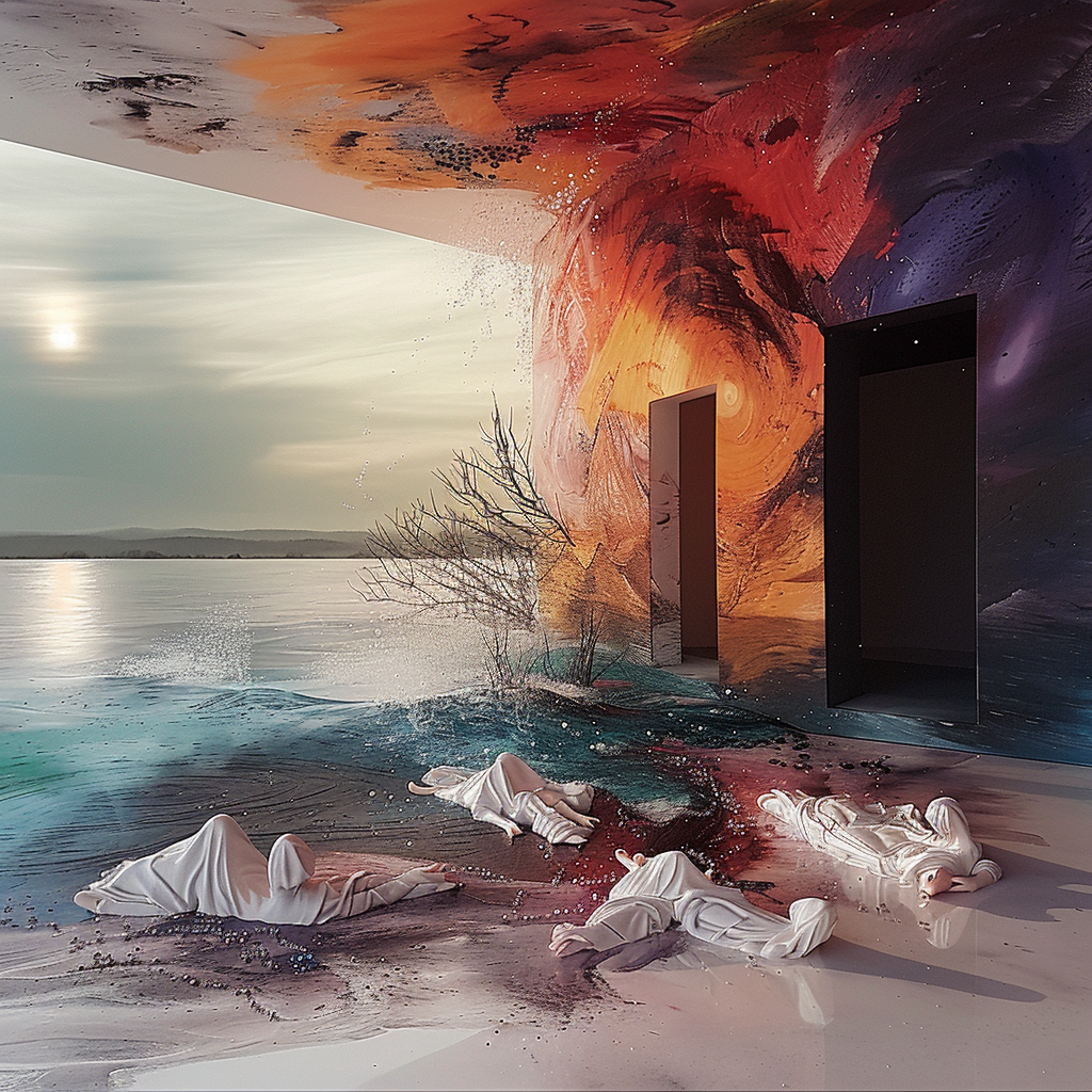 Surreale Szene mit liegenden Figuren in weißen Gewändern, offenen Türen und fließenden Farben zwischen Feuer und Wasser.
