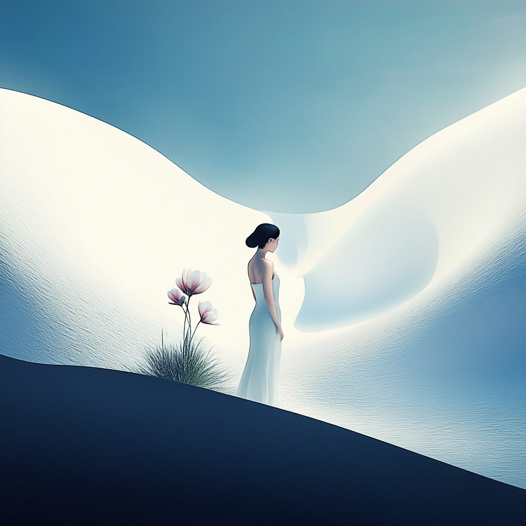 Frau in weißem Kleid steht zwischen sanften, abstrakten Dünen mit einer Blume
