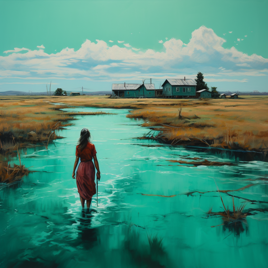 frau in rotem kleid geht durch türkisfarbenes wasser auf ein haus in weiter landschaft zu
