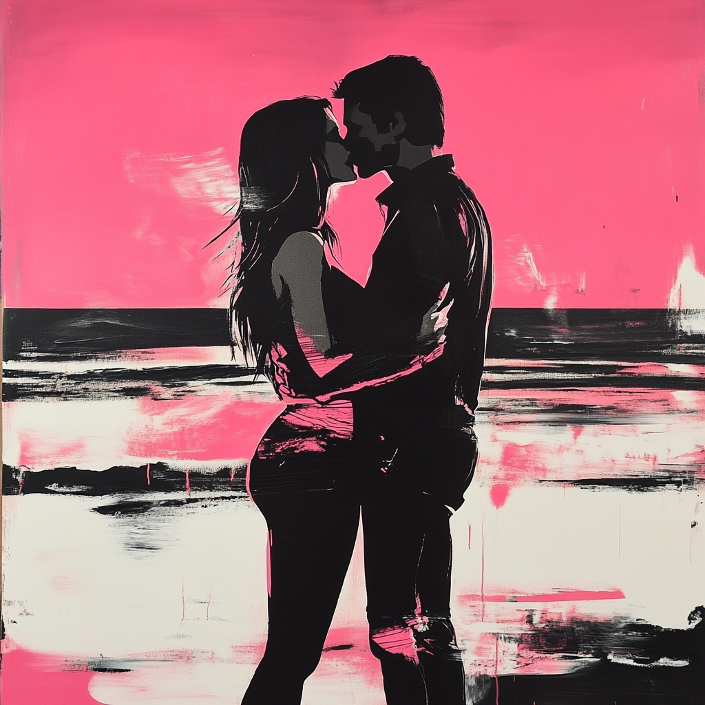 Zwei sich küssende Silhouetten stehen eng umschlungen vor dem Meer, das in Rosa- und Schwarztönen leuchtet. Die Szene wirkt wie eingefroren zwischen Leidenschaft und Stille.
