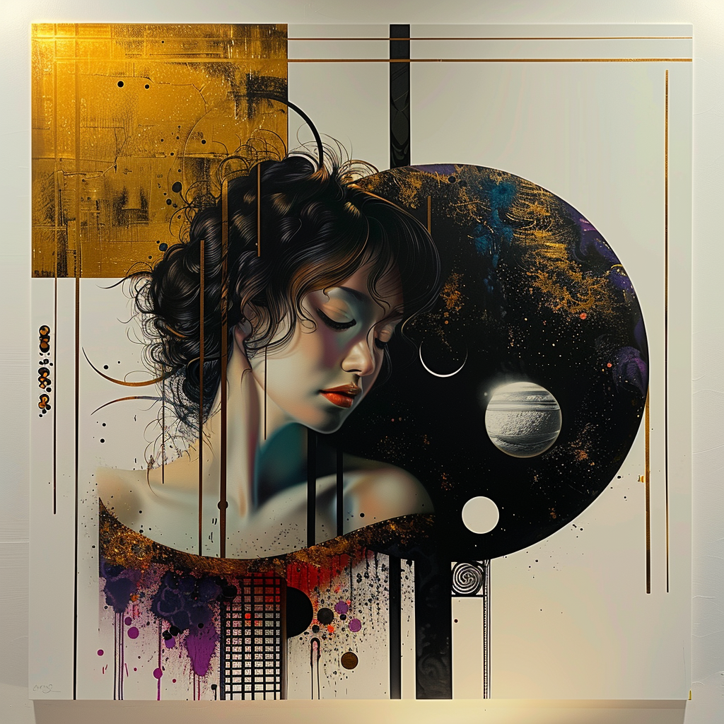 Ein Porträt einer Frau mit geschlossenen Augen in einer abstrakten, gold-schwarzen Komposition, in der geometrische Linien und planetarische Formen aufeinandertreffen.
