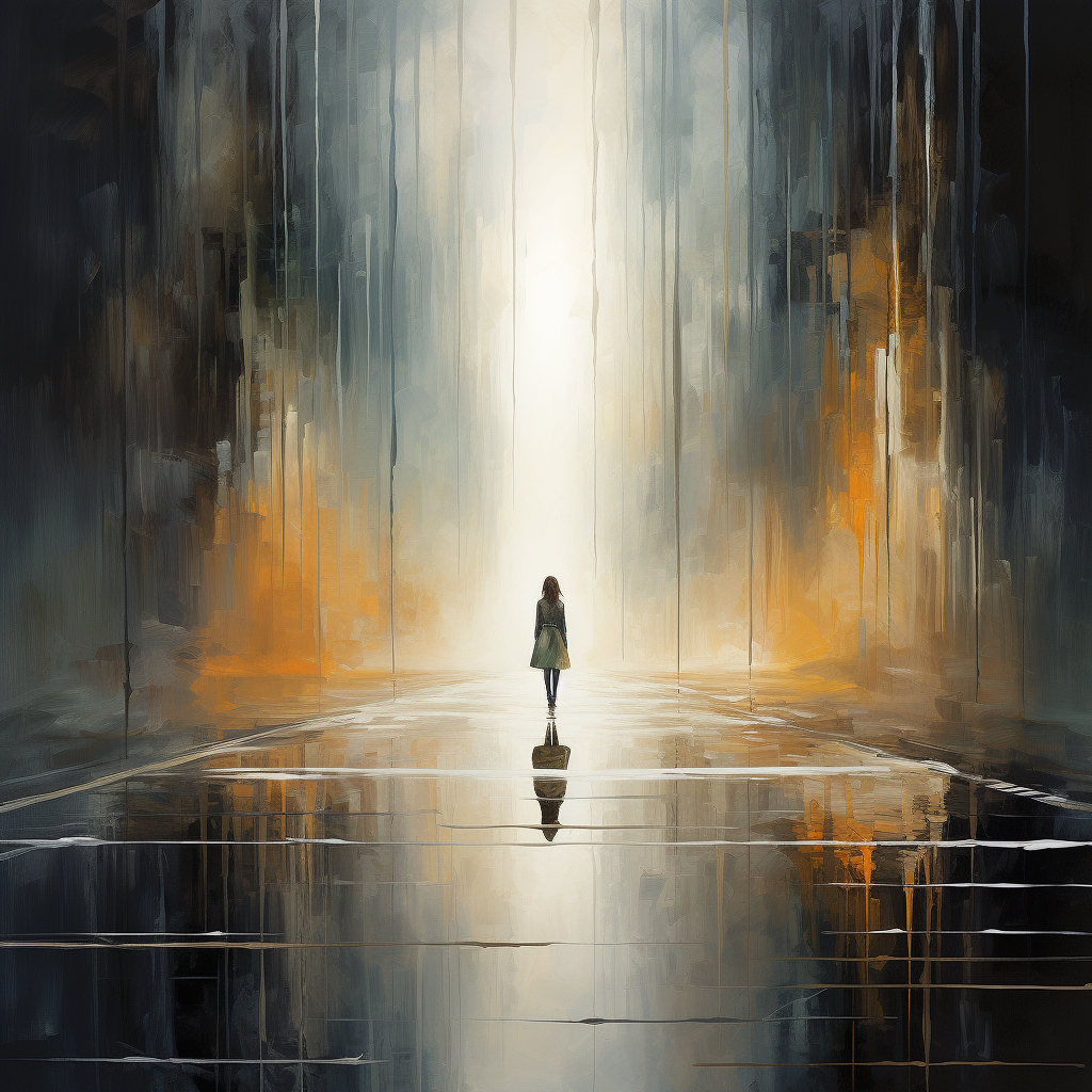 person steht in lichtdurchflutetem raum zwischen dunklen und goldenen farben
