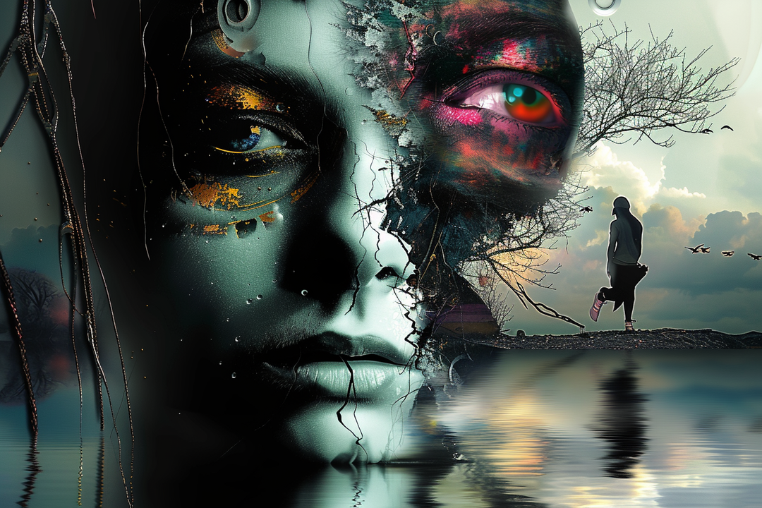 Digitales Kunstwerk mit dem fragmentierten Gesicht einer Frau, teils realistisch, teils abstrakt verfremdet. Neben ihr steht eine einzelne Figur vor einer Wasserfläche unter einem wolkigen Himmel, mit Vögeln im Flug.
