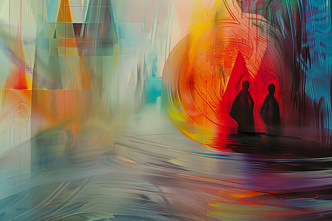 Abstrakte Komposition mit zwei Silhouetten vor einer leuchtenden roten Form in kontrastierender, kühler Umgebung – Symbolik von Übergang, Begegnung und Transformation.
