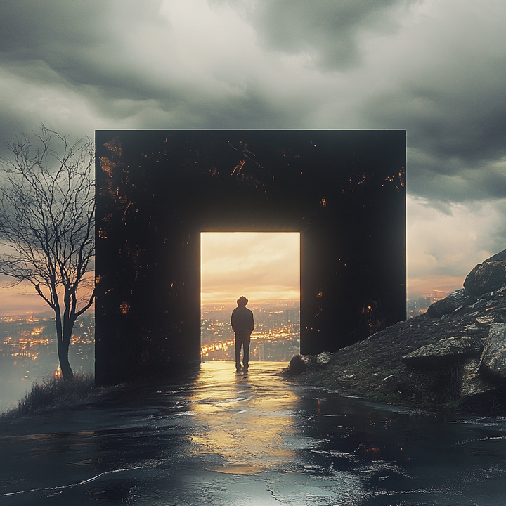 person steht vor einem großen schwarzen tor mit blick auf eine leuchtende stadt bei sonnenuntergang
