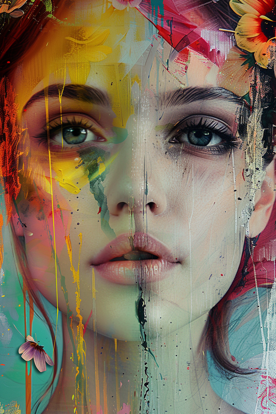 Porträt einer Frau mit gemaltem, halb-abstraktem Gesicht, überzogen mit Farbspritzern und Blütenelementen – Symbol für Identität, Emotion und künstlerische Transformation.
