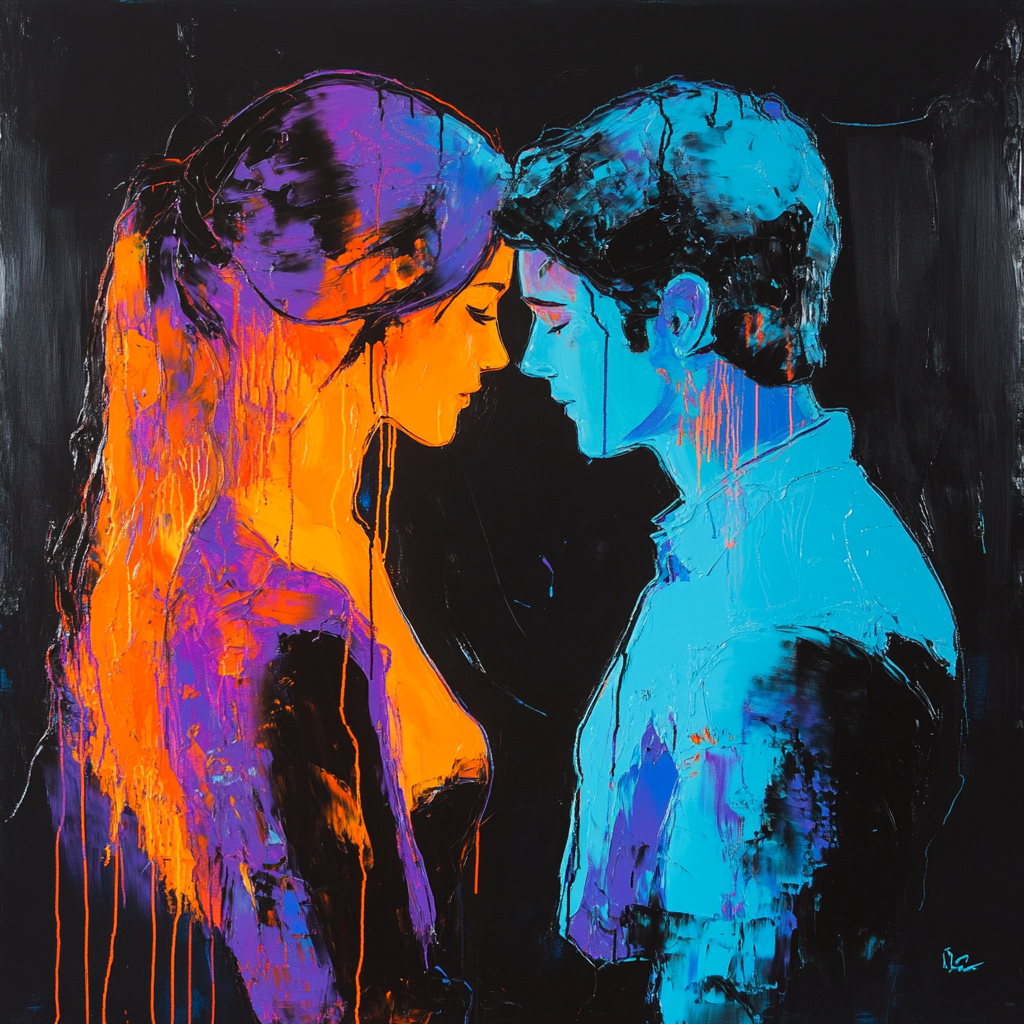Abstraktes Porträt eines Paares in leuchtenden Farben – eine Frau in Orange und ein Mann in Blau stehen sich gegenüber, Sinnbild für Feuer und Eis.
