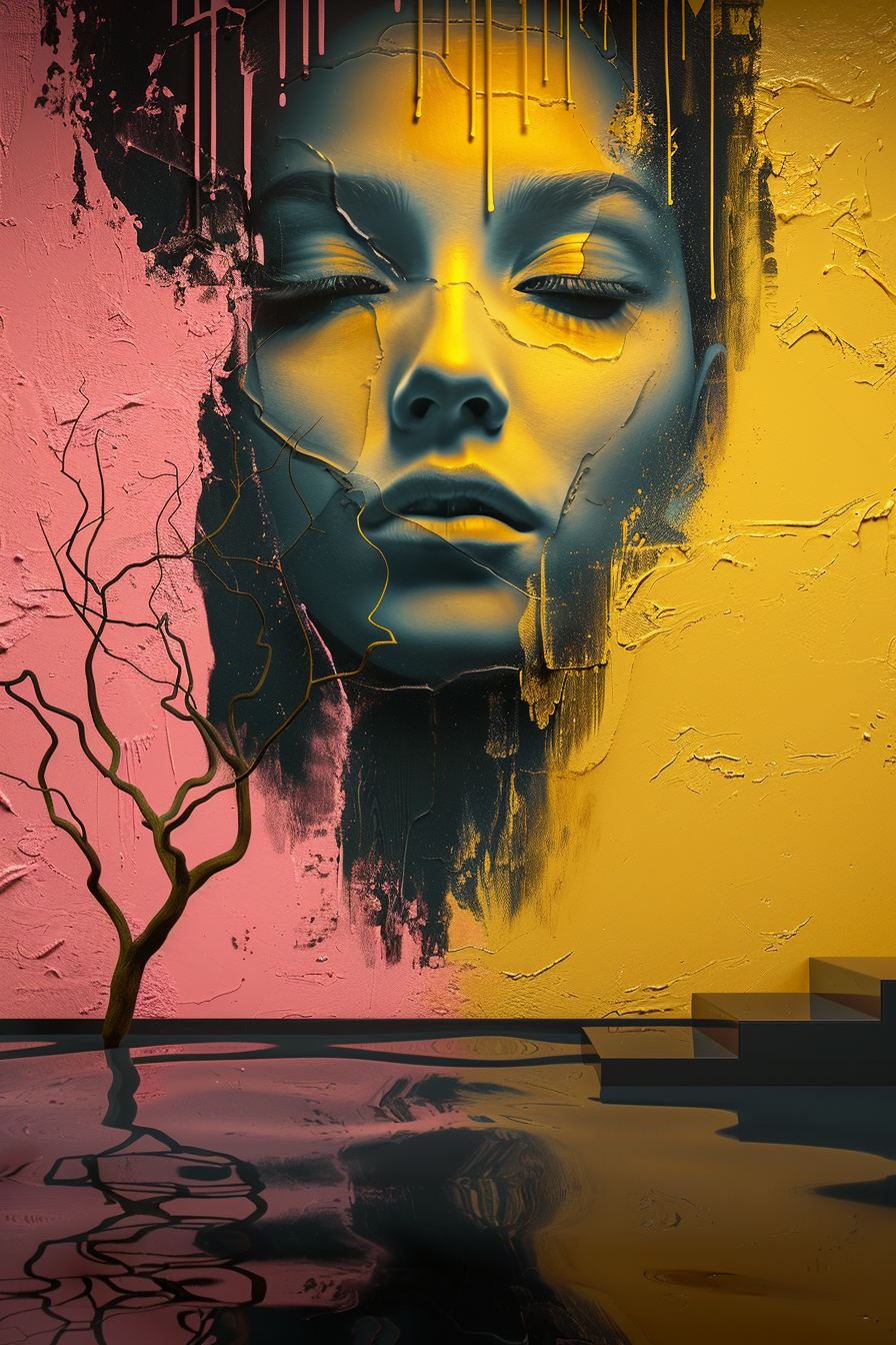Abstraktes Porträt eines weiblichen Gesichts, halb in Rosa, halb in Gold getaucht, mit Rissen, Struktur und fließender Farbe. Unterhalb spiegelt sich die Szene in einer dunklen, glänzenden Fläche. Links ragt ein kahler Ast aus der Wand – ein Symbol für Leben und Zerfall zugleich.
