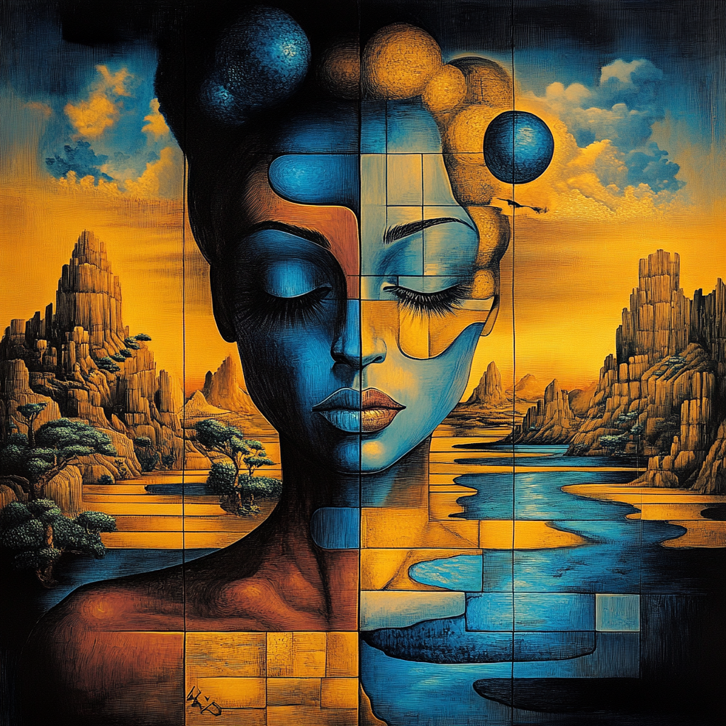 surrealistisches portraet mit geschlossenen augen vor gold-blauer landschaft
