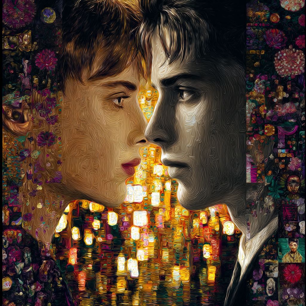 Zwei einander nahestehende Gesichter, eines farbig und eines monochrom, vor goldenen Lichtern und floralen Ornamenten.
