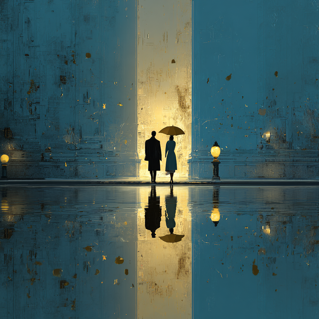 Zwei Silhouetten unter einem Schirm gehen auf eine gold leuchtende Öffnung in einer blauen Architektur zu, mit spiegelnder Wasserfläche im Vordergrund.
