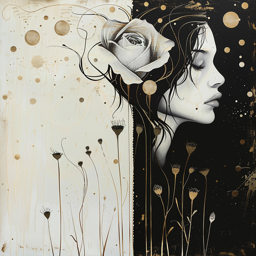 Porträt einer Frau im Profil, halb im Licht, halb im Schatten, mit goldener Rose und filigranen Pflanzen – Symbol für Dualität, Schönheit und Balance.
