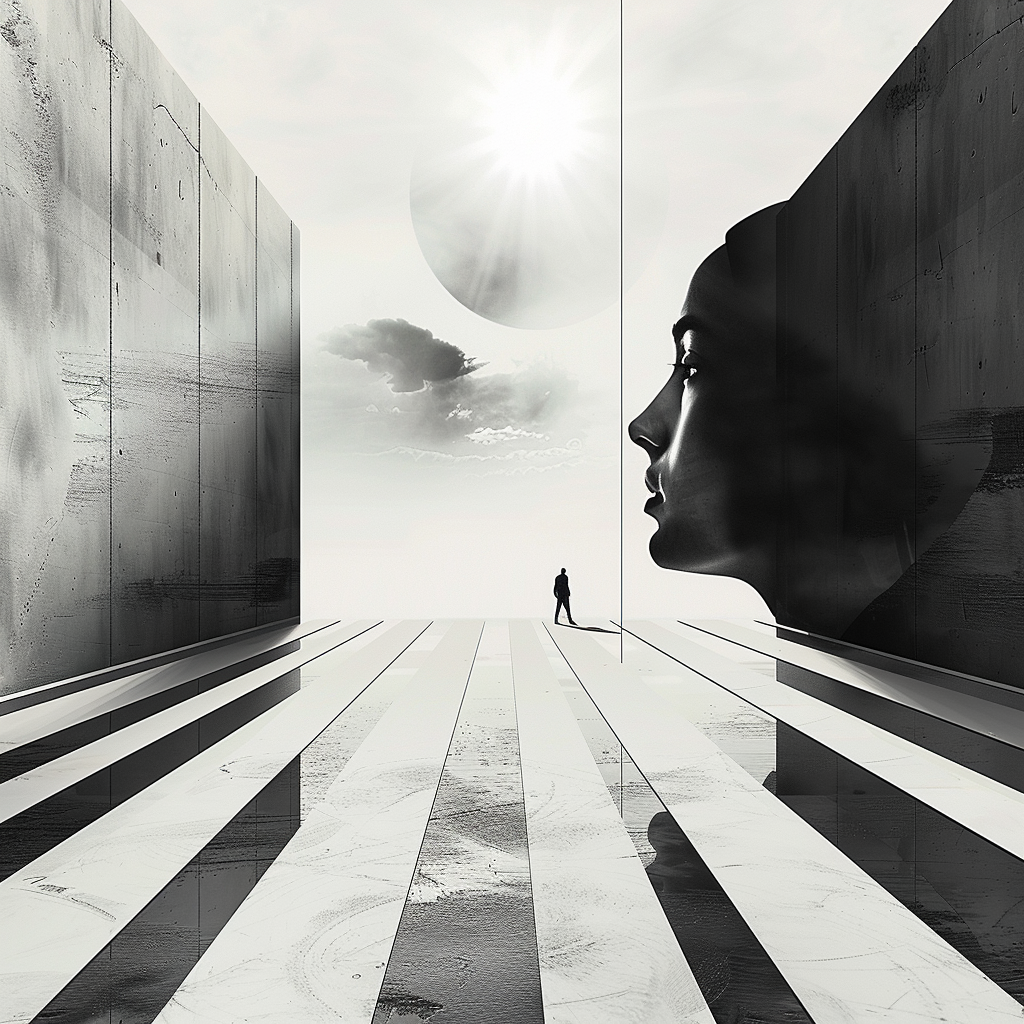 Surreale Szene in Schwarz-Weiß mit Gesicht im Profil, geometrischen Strukturen und einer Person im Licht. Spiel aus Raum und Kontrast.
