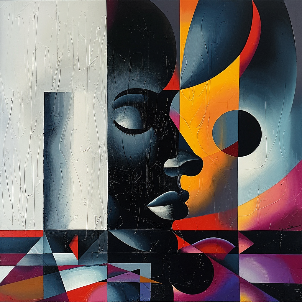 Abstraktes Porträt in geometrischen Formen mit kontrastierendem Licht in Schwarz, Weiß, Orange und Violett.
