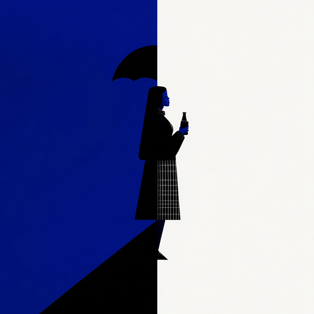Minimalistische Illustration einer Frau mit Schirm und Flasche, halb in blauer, halb in weißer Fläche stehend – klare, grafische Komposition in Blau, Schwarz und Weiß.
