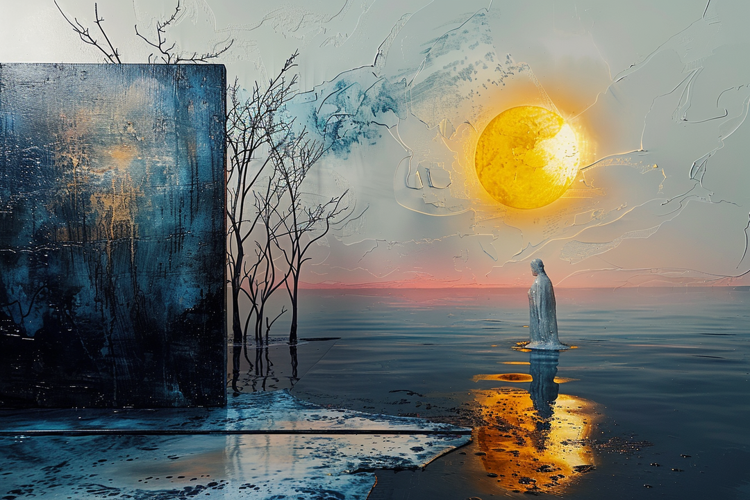 Eine einzelne Figur steht auf einem spiegelnden Wasserboden vor einem großen dunklen Block, während eine goldene Sonne über dem Horizont aufgeht und die Szene in sanftes Licht taucht; karge Bäume ragen aus dem Wasser.
