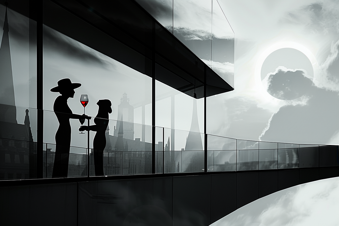 Zwei Silhouetten auf einer modernen Terrasse halten Gläser mit Rotwein. Im Hintergrund eine Stadtlandschaft, Spiegelungen in Glas und Metall, dramatisches Licht mit einer Sonnenfinsternis am Himmel.
