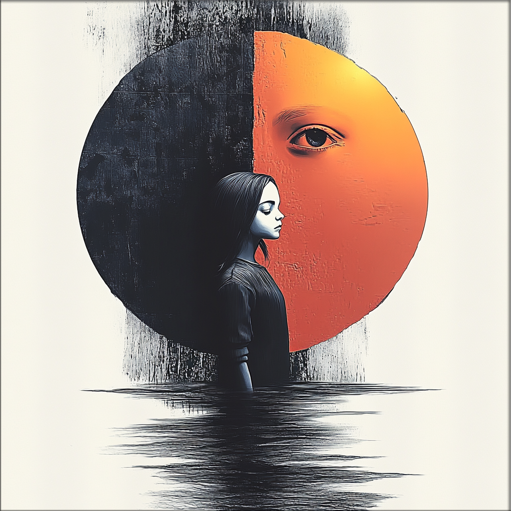Surrealistisches Porträt einer Frau vor einem halb schwarzen, halb orangen Kreis, der Licht und Dunkelheit symbolisiert, mit einem Auge im orangefarbenen Teil.
