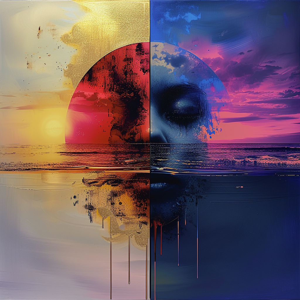 Abstrakte Darstellung eines Gesichts, das mit einem Sonnenuntergang und einer nächtlichen Landschaft verschmilzt – warme Gold- und kühle Blautöne teilen das Bild in Tag und Nacht.
