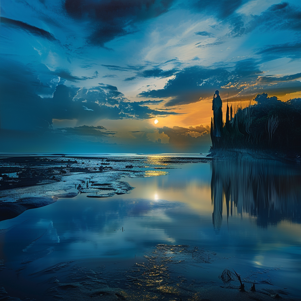 Atmosphärische Landschaft mit See, leuchtendem Sonnenuntergang und stiller Wasseroberfläche unter blau-goldenem Himmel.
