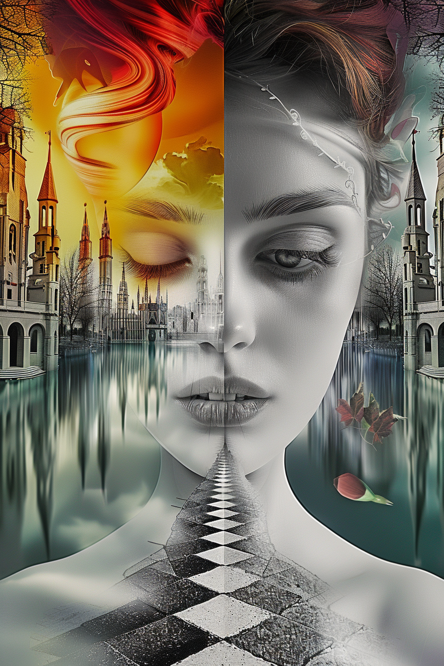 Surrealistisches Porträt einer Frau, geteilt in Licht und Schatten, zwischen Traumwelt und Realität.
