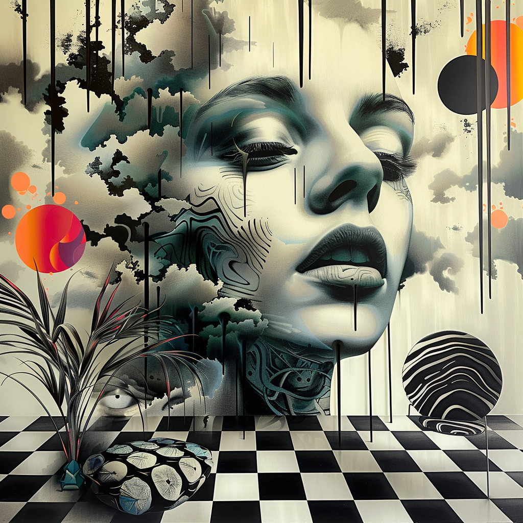 Surrealistisches Porträt einer Frau, deren Gesicht in eine Traumlandschaft aus Wolken, geometrischen Formen und Schachbrettboden übergeht; gedeckte Farben mit Akzenten in Orange und Schwarz.
