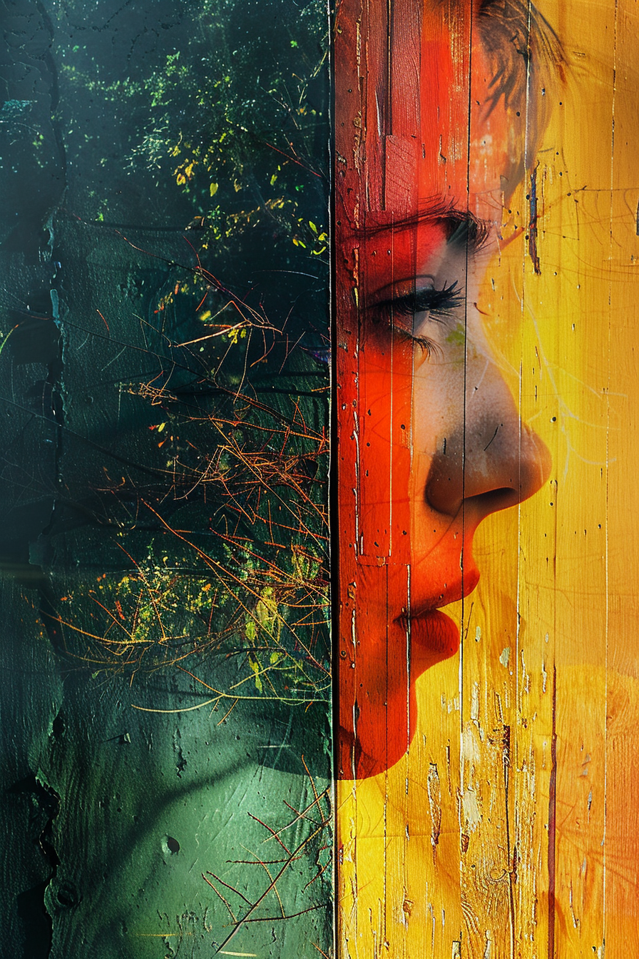 Porträt einer Frau im Profil, verschmolzen mit Texturen von Holz, Licht und Wald – symbolische Darstellung von Natur, Identität und Dualität.
