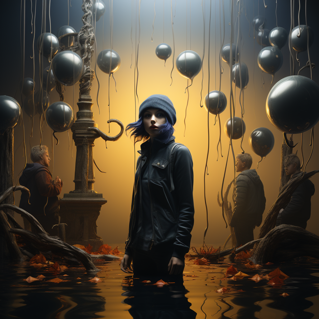 Surreales Porträt einer Frau in dunkler Kleidung, umgeben von Ballons und Wurzeln in mystischem Licht.
