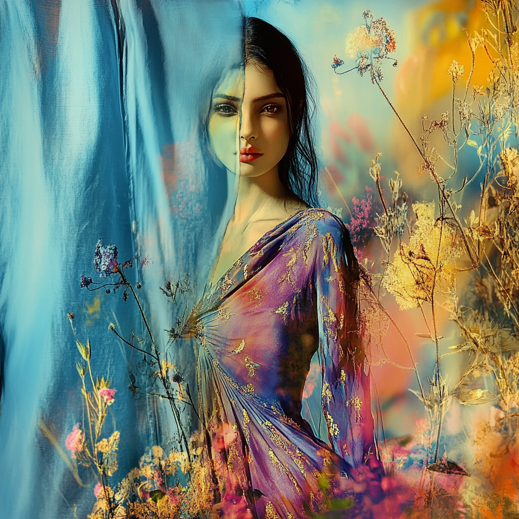 Porträt einer Frau in einem halb blauen, halb goldenen Umfeld. Eine Stoffbahn teilt das Bild vertikal, wodurch eine Seite kühl und die andere warm erscheint. Blumen und Lichtreflexe umgeben die Figur, die ruhig und geheimnisvoll blickt.
