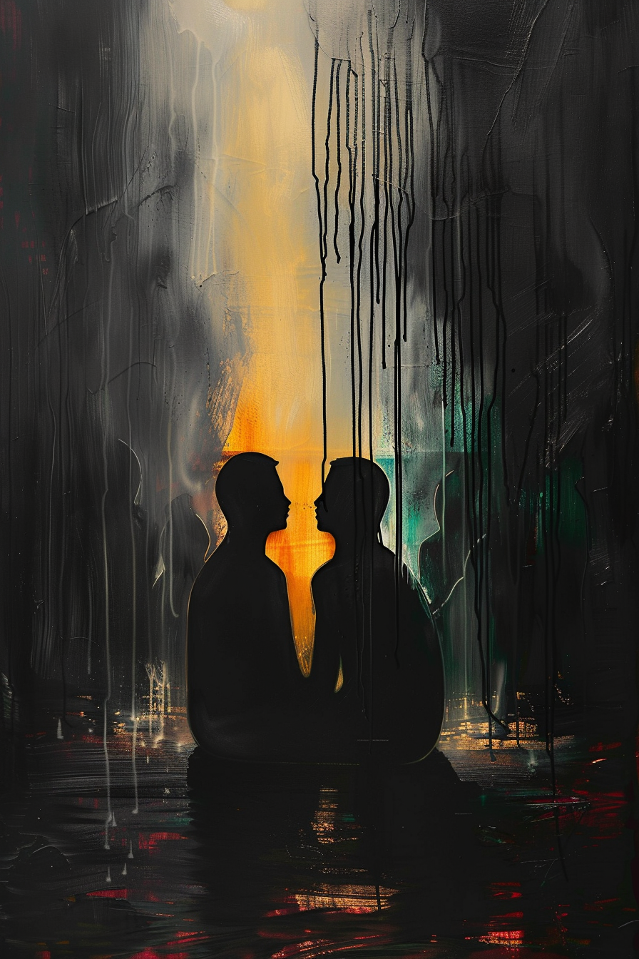 Zwei silhouettenhafte Figuren sitzen sich in dunkler Umgebung gegenüber, von einem goldenen Lichtstrahl umgeben – Symbol für Nähe, Verbindung und Hoffnung.

