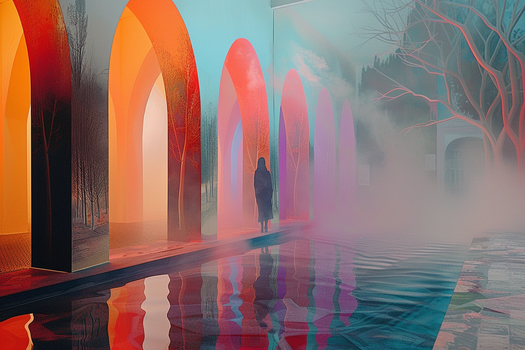 Silhouette einer Person zwischen farbigen Arkaden, Nebel und Wasserreflexionen – surreale, traumhafte Szene voller Licht und Tiefe.
