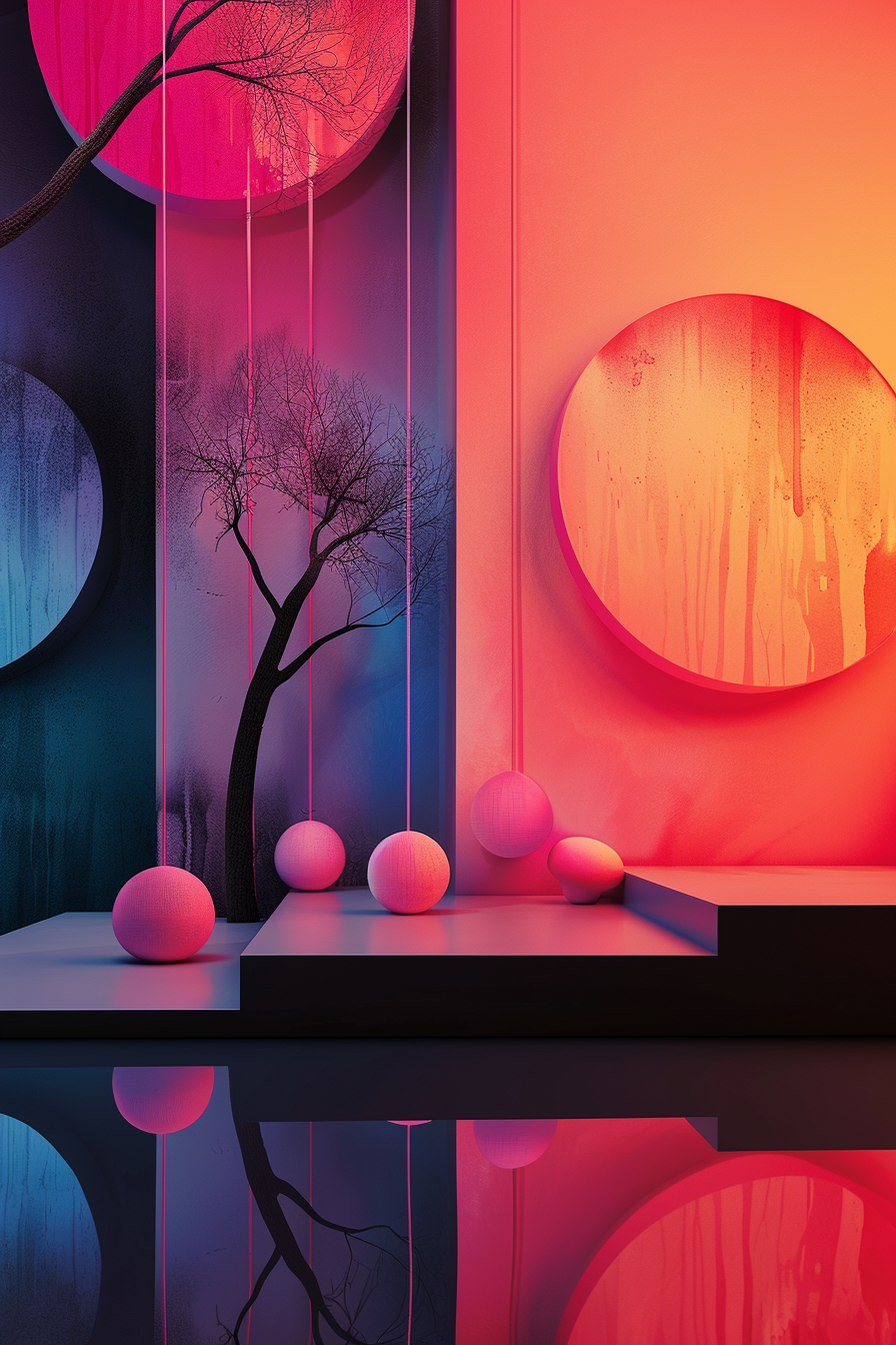 Ein abstraktes Kunstwerk mit leuchtenden Kreisen, schwebenden Kugeln und dunklen Bäumen – ein Zusammenspiel aus Licht, Farbe und Raum.
